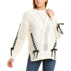 Willow & Clay Pullover Sweater Womens M Medium Ivory Knit Contrast Lace Up *READ